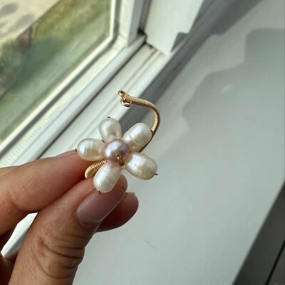 Real Natural Freshwater Pearl Ring 14K Gold Plated Flower Wire Wrap Women Gift - Image 1 of 4