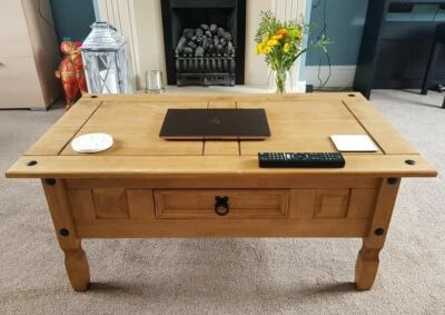 Rustic Wooden Coffee Table Solid Pine 1 Drawer Side Table Living Room Furniture