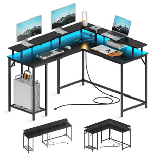 L Shaped Desk Outlets USB Ports Computer Desk LED Light Strip Corner Gaming Desk