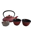 Japanese Tetsubin Cast Iron Tea Kettle and Tea Cups  and  Strainer Red Dragonfly