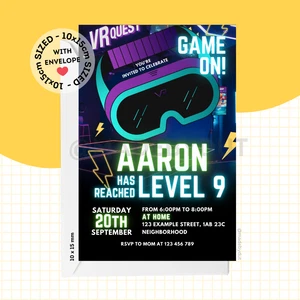 10x Personalized Virtual Reality Party Invitations Videogame Neon Birthday VR - Picture 1 of 1