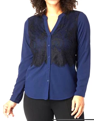 NUEVO Blusa Colleen Lopez Mezcla de Encaje Botón-Frente CAMISA TOP AZUL TALLA XL Foto 1 de 4