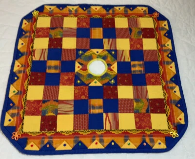 Patchwork Quilt Table Topper, Hand Made, Nine Patch, Orange, Yellow, Royal Blue - Image 1 of 4