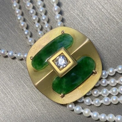 Brazalete de perlas de jadeíta de diamantes vintage joyería fina de oro de 14 k usado 7" Foto 1 de 4