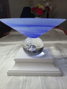 Satin blue Swirl Compote Polished Clear Glass Base W/ Bubbles 7" Diameter X 4" - Picture 1 of 11