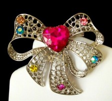 w/Pink Heart & Colorful Crystals Pretty Textured Silver-Tone Bow Pin/Brooch