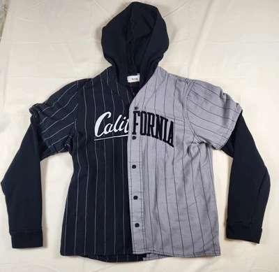 Camisa Hollister con Capucha Para Hombres Grande Negra Gris Rayas Divididas California Béisbol Foto 1 de 4