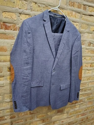 H&M Men's 2 Piece Suit Linen Navy Blazer Elbow Patch 42R 36 Pants Slim Fit New - Image 1 of 4