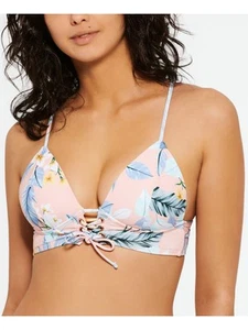 HULA HONEY Women's Pink Lace Front Push-Up Deep V Neck Tie Moana Swimsuit Top S - Picture 1 of 3
