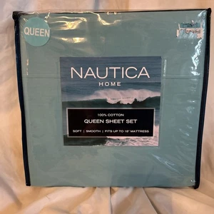Nautica Home Turquoise Teal Beach Theme 4 Piece Queen Sheet Set 100% Cotton - Picture 1 of 3