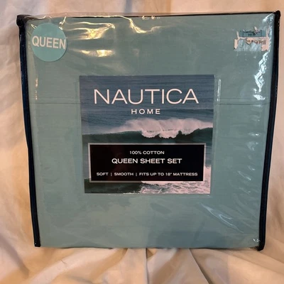 Conjunto de lençóis queen Nautica Home tema praia azul-petróleo turquesa 4 peças 100% algodão - Imagem 1 de 3