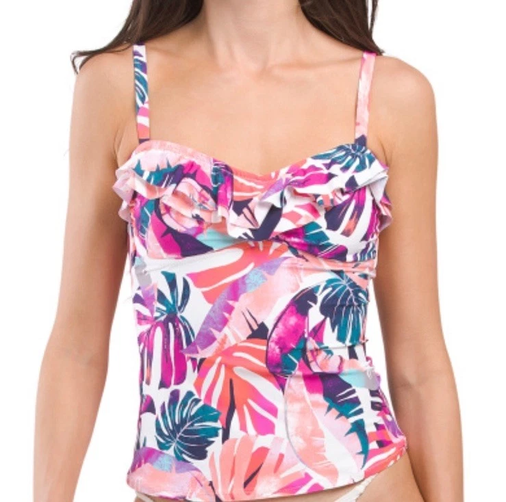 Leilani Tahiti Bandini Tankini Top Size 12 White Pink Tropical Print Beach - Image 1 of 4
