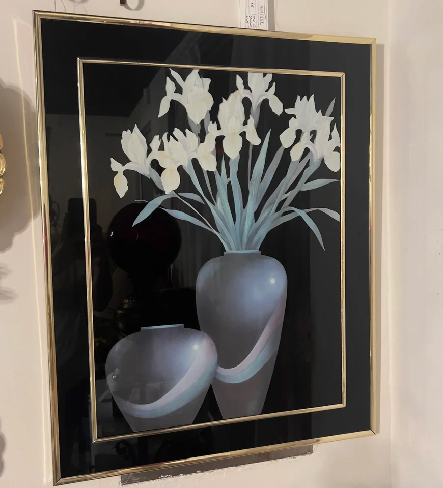 复古 80 年代镜面艺术品黑色蓝色花朵金色镜框 — 第 1/4 张图片