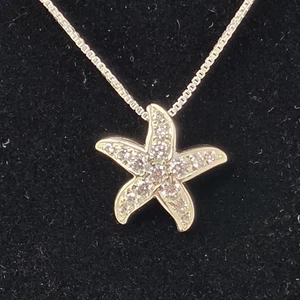 Sterling Silver Starfish Pendant Necklace with CZs, 1mm 925 Box Chain 18" 4.1g - Picture 1 of 5