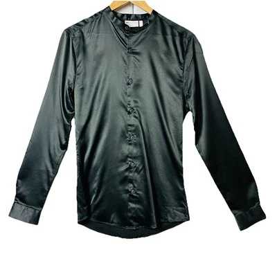 ASOS Design Slim Fit Mens Black Mock Collar Long Sleeve Button Up Shirt Small - Image 1 of 4