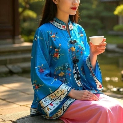 Bata Chaqueta de Seda Bordada China Vintage Azul Floral Cierre Rana Años 60  Foto 1 de 4