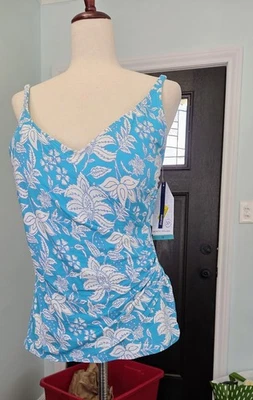 Top de baño Beach House Tankini azul floral talla 16 FPS 50 con aros fruncido nuevo con etiquetas Foto 1 de 4