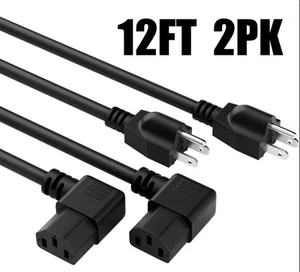 2pk 3 Prong AC Power Cord 12FT - 10A 300V angle 90 Degrees Computer Cable NEW - Afbeelding 1 van 7