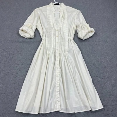 Piazza Sempione Dress Women's 42 White Pleated Tie Roll-Tab Button Prairie Italy - Image 1 of 4