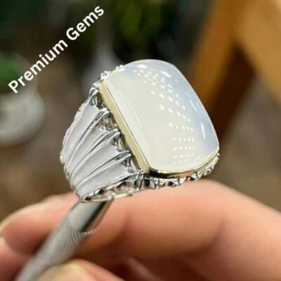 Anillo de plata esterlina 925 con piedra lunar raro natural limpio Dur e Najaf para hombre Foto 1 de 4