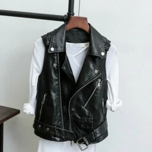 Lady PU Leather Waistcoat Gilet Biker Jacket Vest Sleeveless Retro Top Outwear - Picture 1 of 12