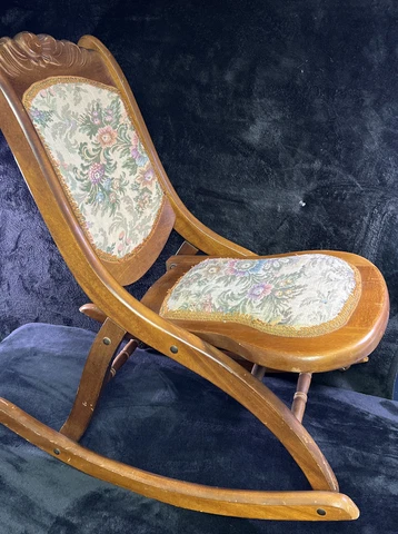Antique Taiwan Rocking Chair Solid Wood W/ Floral Designed Stitched Fabric Cover