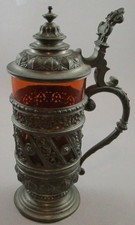 Antique Pewter Encased Colored Glass Stein