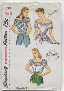 Vintage 1945 Simplicity Schnittmuster 1599 Misses' Bauernbluse Top 12, B30 - Bild 1 von 2