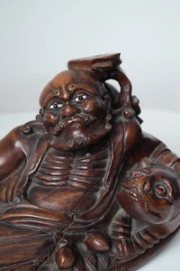 Antique Wood Bodhidharma + Foo Dog - Qing Dynasty  - Rare - 42cm/16.5in - Picture 1 of 10
