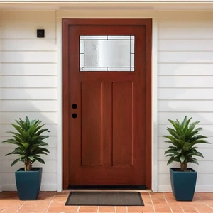 36x80'' Fiberglass Entry Door, Patina Glass, Stain Red, RH Inswing, Vinyl Frame - Picture 1 of 11