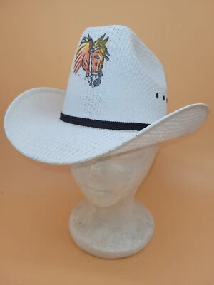 Western Express 白色草编刚性牛仔帽 尺寸 6 3/4 带马头图形 — 第 1/4 张图片