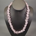 Glass Heart Necklace Pink Beaded Chunky Pearlized Interior Magnetic Clasp 21"