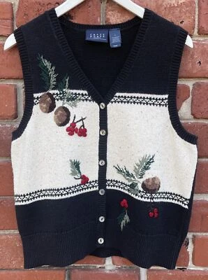 Crazy Horse Womens Sz L Christmas Sweater Vest Button Front Pine Cones - Image 1 of 4