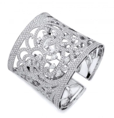 26.75CT Round White Sapphire Gorgeous 935 Silver Hinged Cuff Wedding Bracelet - Image 1 of 4