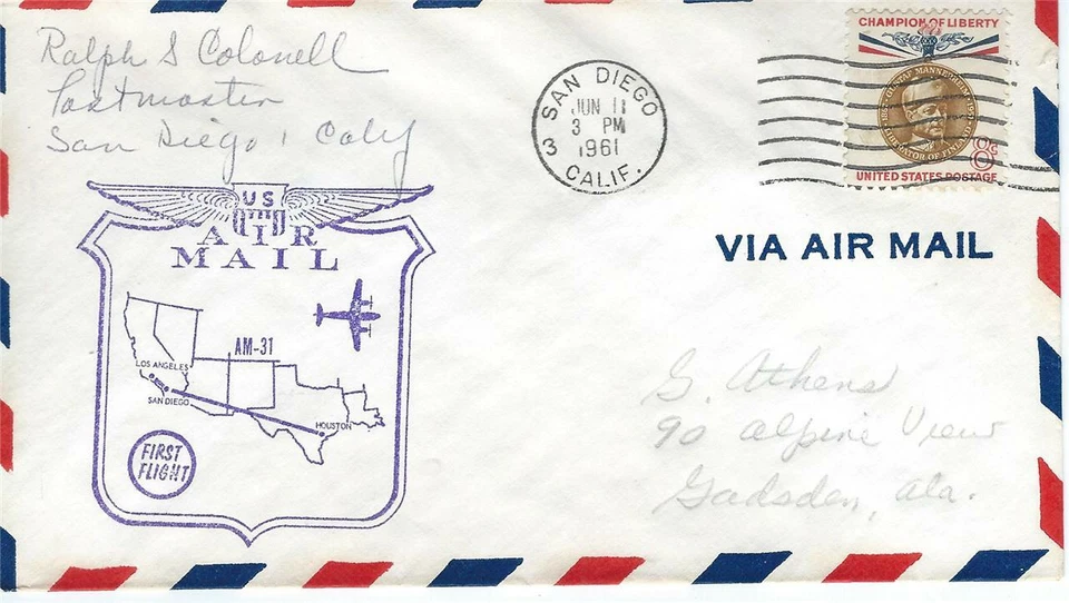 First Flight Cover San Diego - Los Angeles CA June 11 1961 AAMC#39W21 - Image 1 of 1
