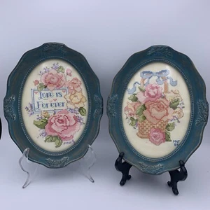 🌺Par de rosas florales de punto de cruz ovaladas enmarcadas azules de colección 8x6 Shabby Cottagecore🌸 - Imagen 1 de 9