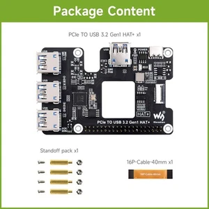 Waveshare  PCIe To USB 3.2 Gen1 HAT for Raspberry Pi 5, PCIe to USB HUB, 4x USB - Afbeelding 1 van 17