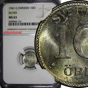 SWEDEN Gustaf V Silver 1941-G 10 Ore NGC MS63 WWII Issue Light Toned KM# 780(23) - Picture 1 of 4