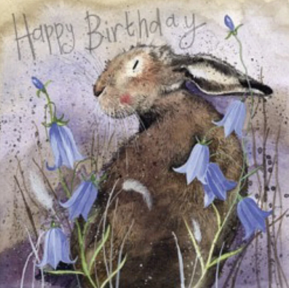 ALEX CLARK HARE & BLUEBELLS CARD ~ HAPPY BIRTHDAY ~ BLANK INSIDE