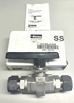Parker 12Z-B8LJ2-SSP 2 Way Instrument Ball Valve 3/4” Tubing OD, Stainless Steel - Image 1 of 4