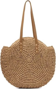 Women Straw Bag Round Handwoven Summer Beach Tote Natural Chic Khaki2 - Picture 1 of 7
