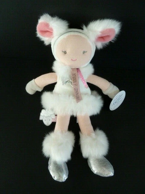 S8. DOUDOU ET COMPAGNIE POUPEE LADY DEGUISE LAPIN ROSE BLANC GRIS POIS 26cm NEUF