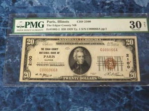 1929 $20 Type 1 Edgar County NB Paris, Ill FR#1802-1 PMG VF30 – Low Serial (66) - Picture 1 of 10