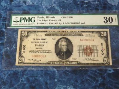 1929 $20 Type 1 Edgar County NB Paris, Ill FR#1802-1 PMG VF30 – Low Serial (66)  - Image 1 of 4