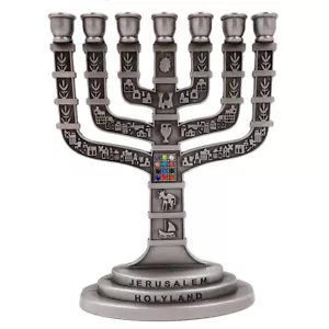 Candelabro de peltre de 7 ramas Menorá Templo de Jerusalén de 5" 12 tribus de Israel - Imagen 1 de 3