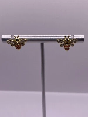 Gorgeous Rare Gold Plated Sterling Silver Bee Earrings With Clear And Orange Cz - Image 1 of 4