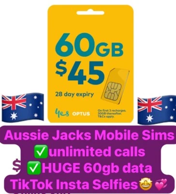 Optus Prepaid Mobile Phone Sim Unlimited Calls Text 60GB Data 28 Day Exp Aussie - image 1 of 4