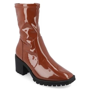 Journee Collection Brown Patent Vegan Leather Icelyn Calf Lug Boots 9.5 NWOB - Picture 1 of 15