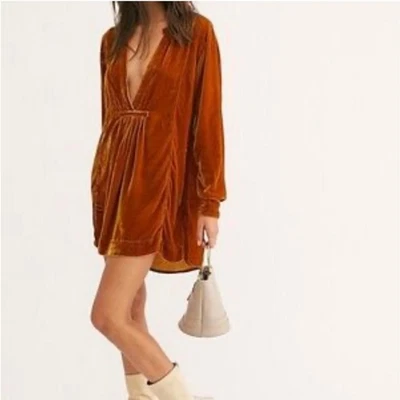 Free People x CP Shades Silk Blend Jacey Gold Mustard Velvet Tunic Top Pockets - Image 1 of 4