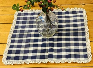 Vintage Navy &Cream Gingham 28” Sq With Lace Trim Table Cloth! - Picture 1 of 10
